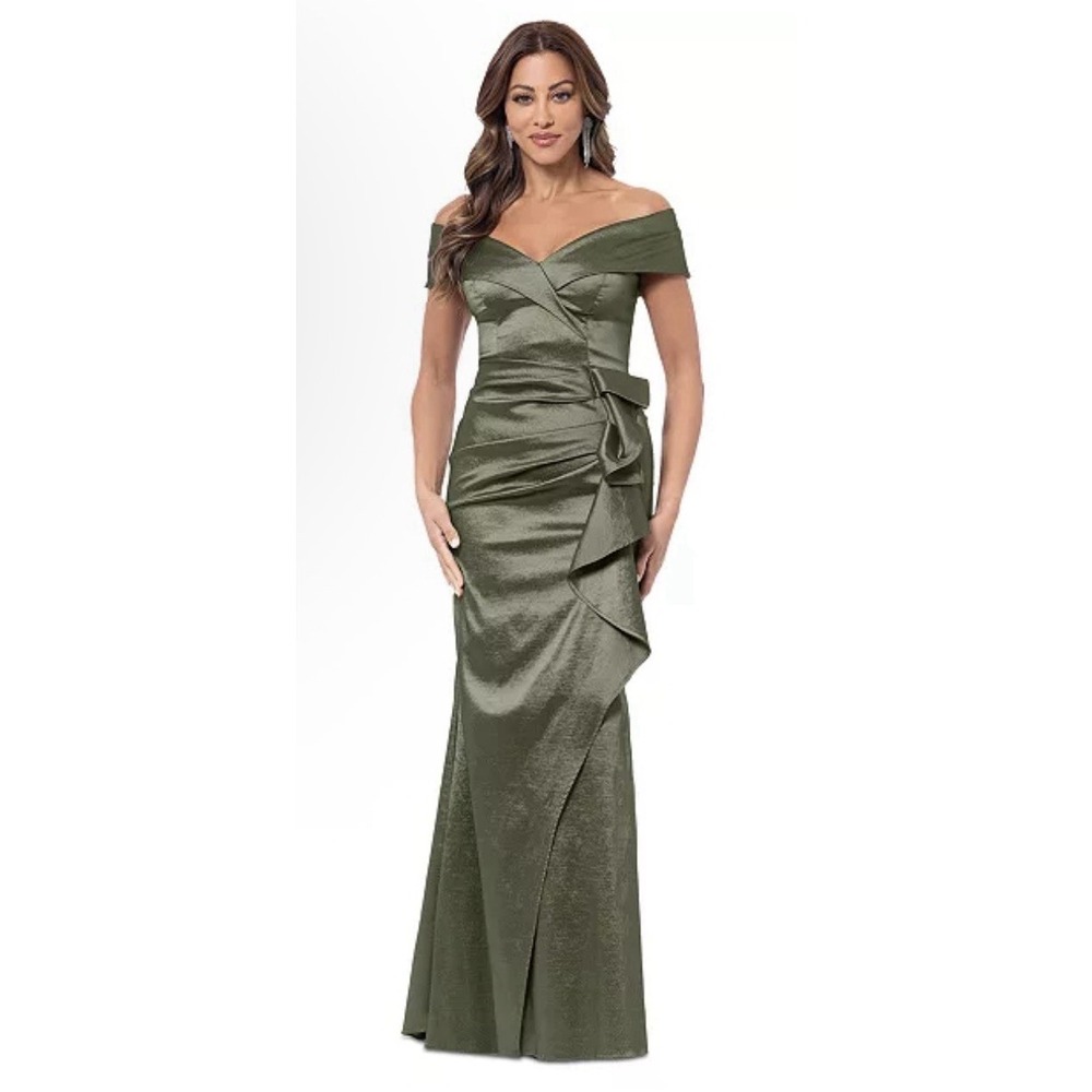 XSCAPE Women's Taffeta Off-The-Shoulder Sweetheart Gown Size 10 Olive